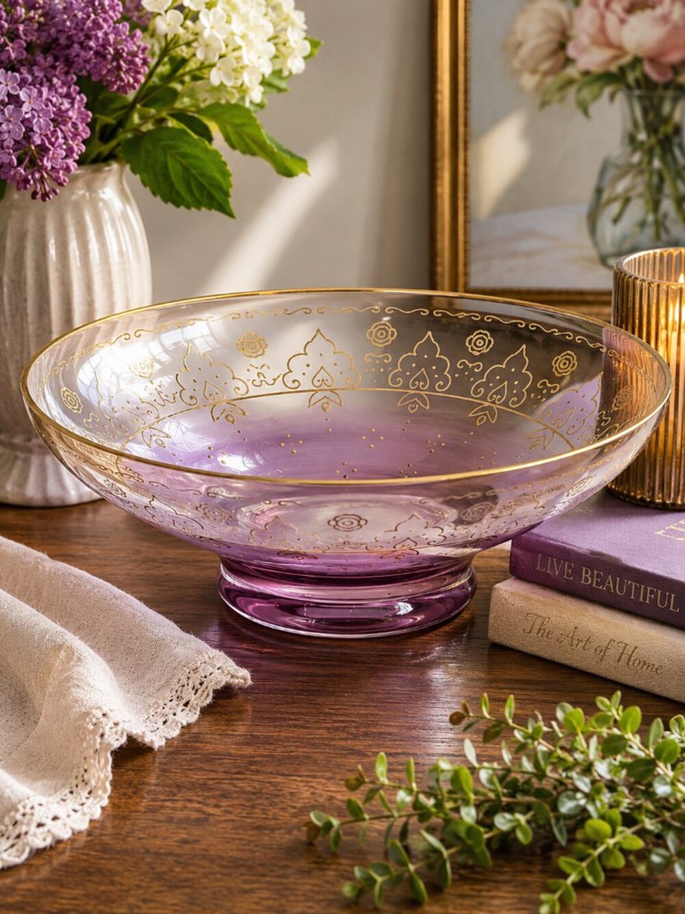 Vintage Amethyst Ombre Art Glass Centerpiece Bowl Gold Enamel 12" Decor